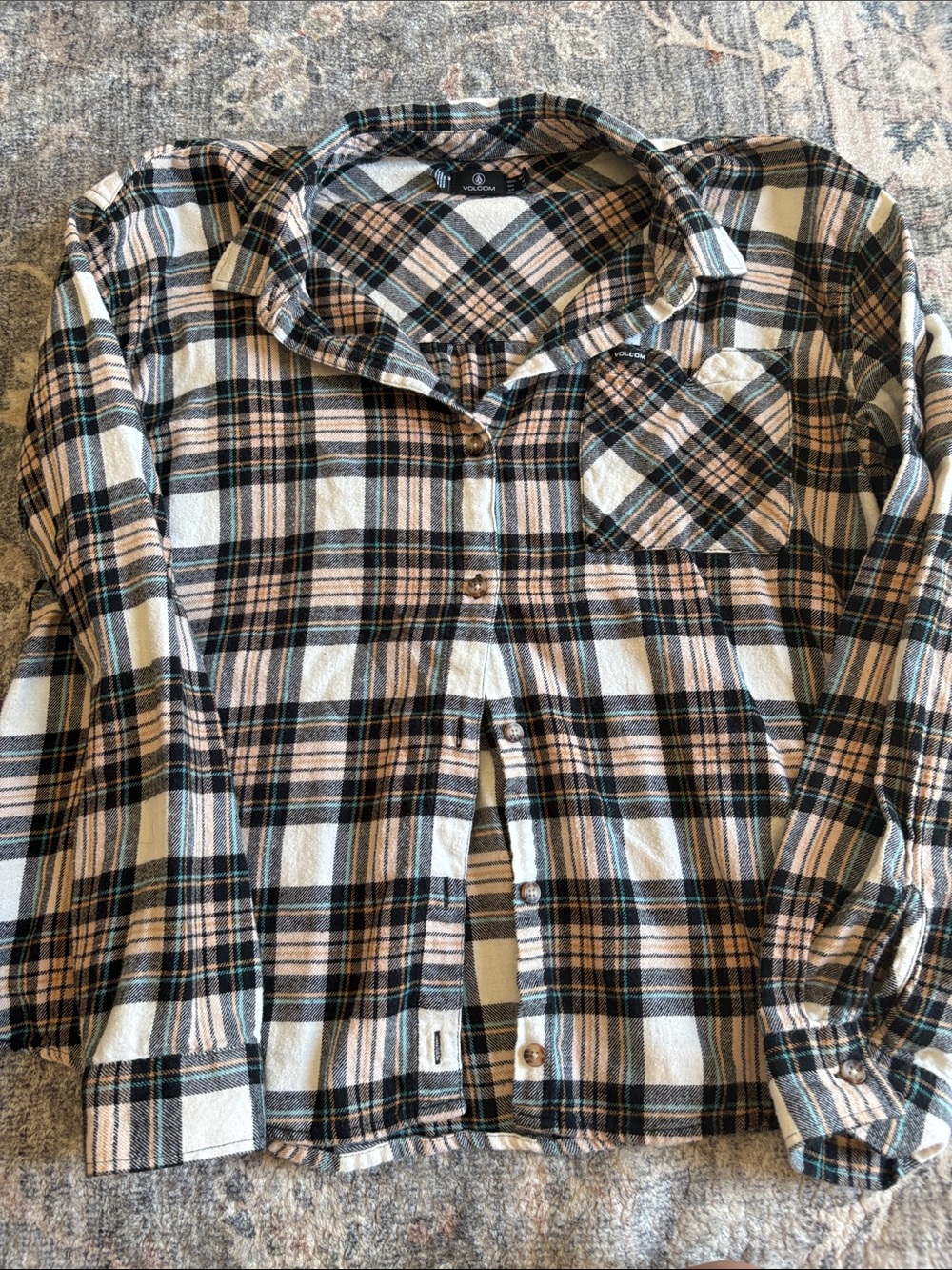 Volcom Cream, Black & Tan Plaid Button-Up Shirt